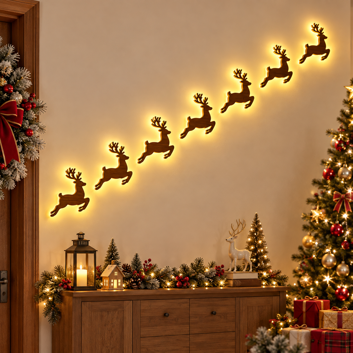 LED Reindeer Wall Lights – 7Pcs Christmas Decor